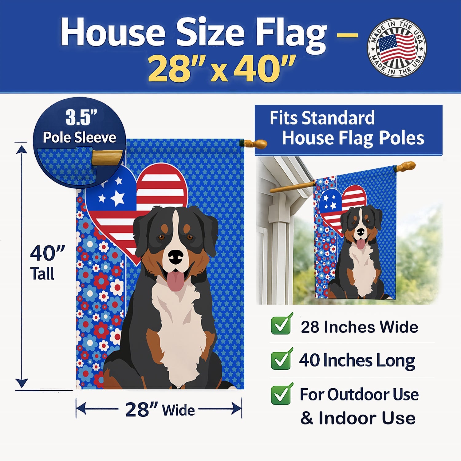 Bernese Mountain Dog USA American House Flag 28x40 Porch Sleeve Pole Decorative Outside Yard Banner Artwork Wall Hanging, Polyester