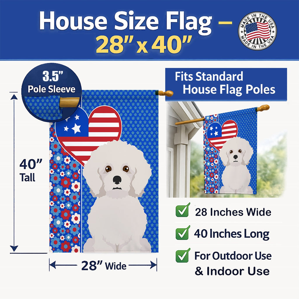 Bichon Frise USA American House Flag 28x40 Porch Sleeve Pole Decorative Outside Yard Banner Artwork Wall Hanging, Polyester