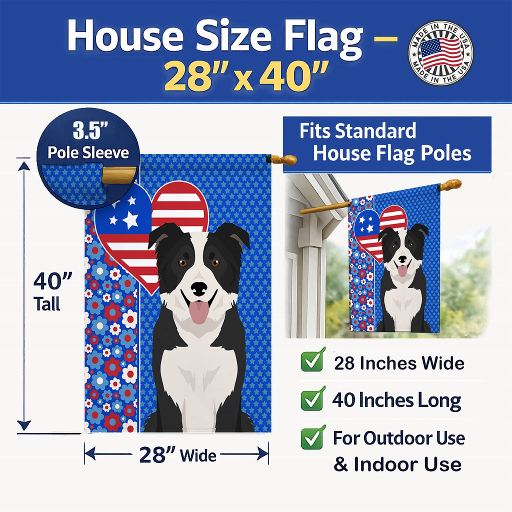 Black and White Border Collie USA American House Flag 28x40 Porch Sleeve Pole Decorative Outside Yard Banner Artwork Wall Hanging, Polyester