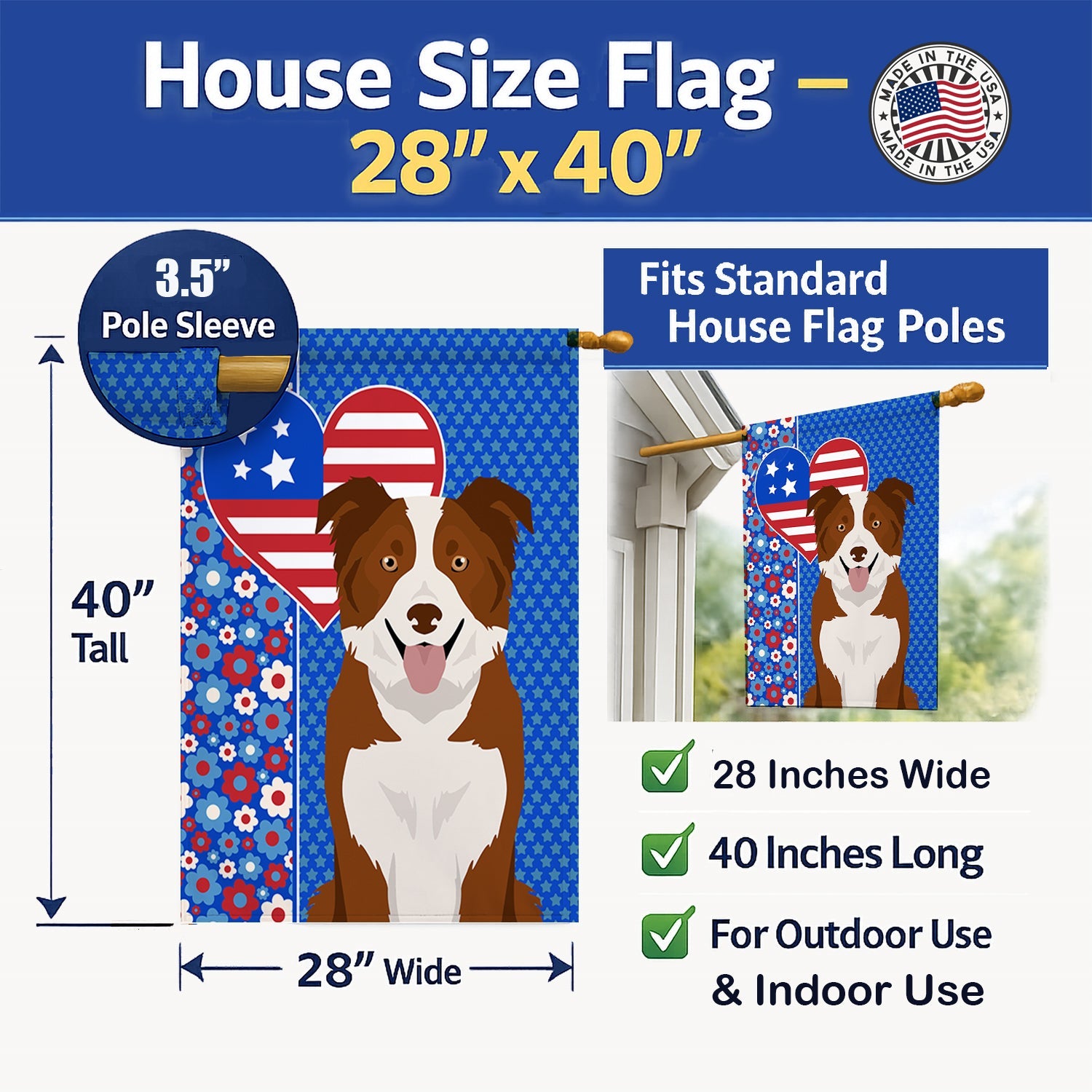 Red and White Border Collie USA American House Flag 28x40 Porch Sleeve Pole Decorative Outside Yard Banner Artwork Wall Hanging, Polyester