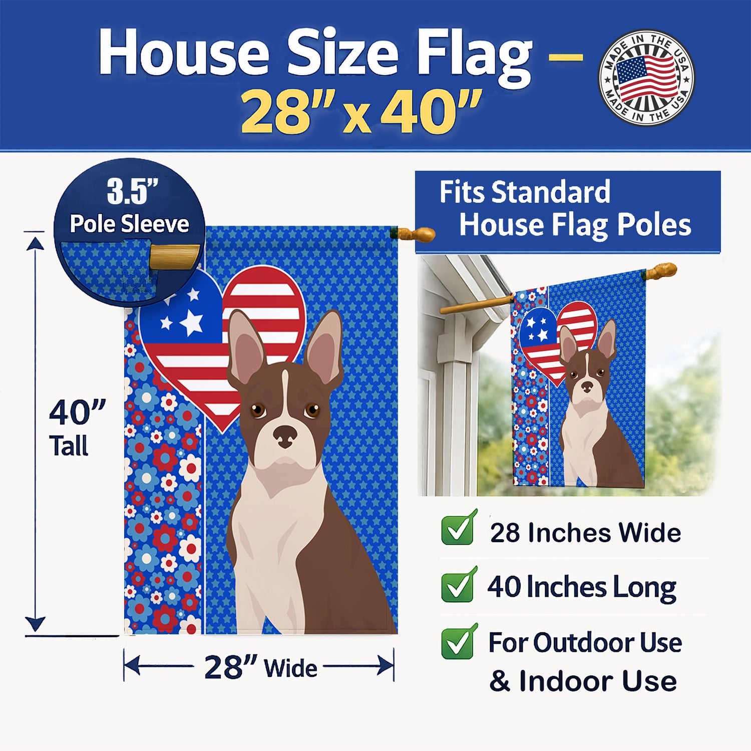 Red Boston Terrier USA American House Flag 28x40 Porch Sleeve Pole Decorative Outside Yard Banner Artwork Wall Hanging, Polyester