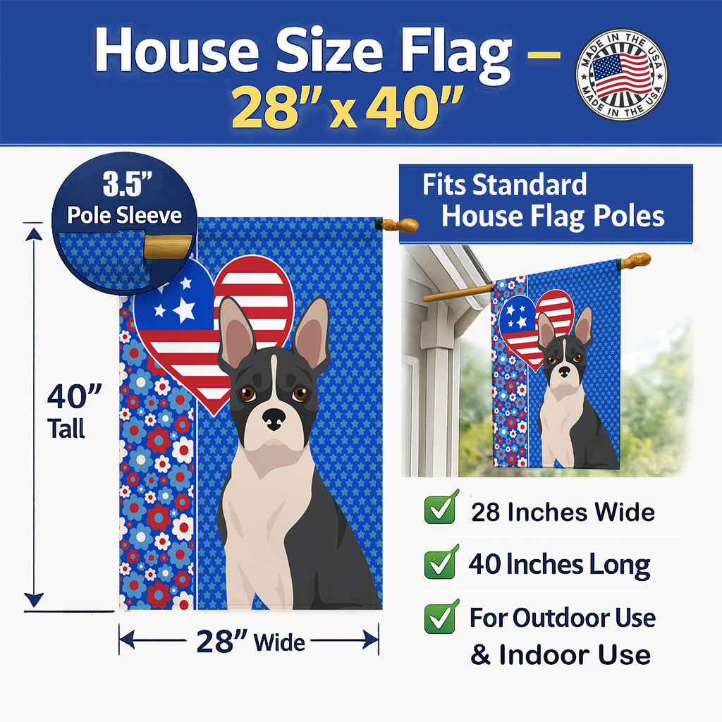 Black Boston Terrier USA American House Flag 28x40 Porch Sleeve Pole Decorative Outside Yard Banner Artwork Wall Hanging, Polyester