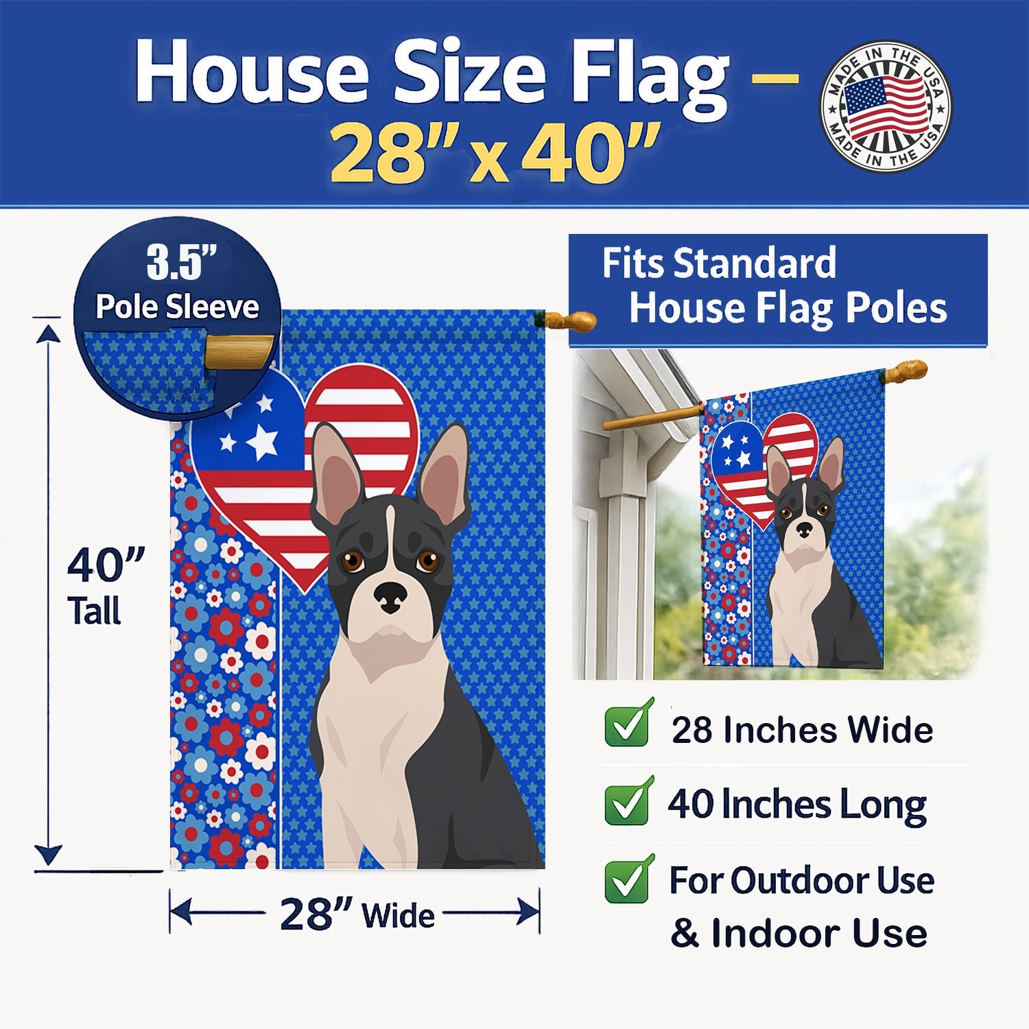 Black Boston Terrier USA American House Flag 28x40 Porch Sleeve Pole Decorative Outside Yard Banner Artwork Wall Hanging, Polyester