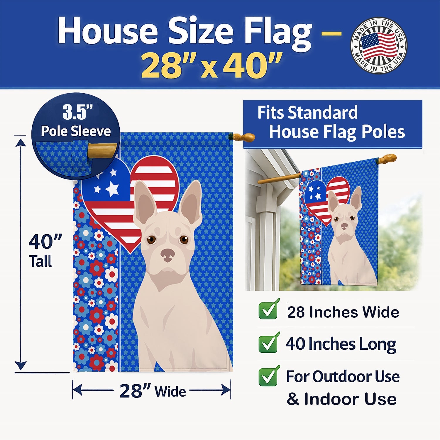 White Boston Terrier USA American House Flag 28x40 Porch Sleeve Pole Decorative Outside Yard Banner Artwork Wall Hanging, Polyester