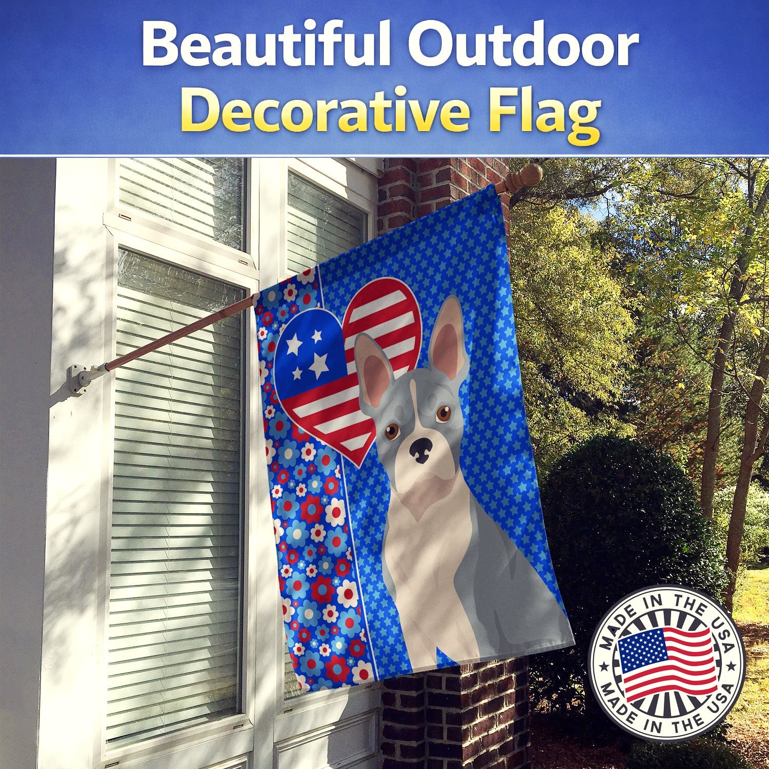 Blue Boston Terrier USA American House Flag 28x40 Porch Sleeve Pole Decorative Outside Yard Banner Artwork Wall Hanging, Polyester