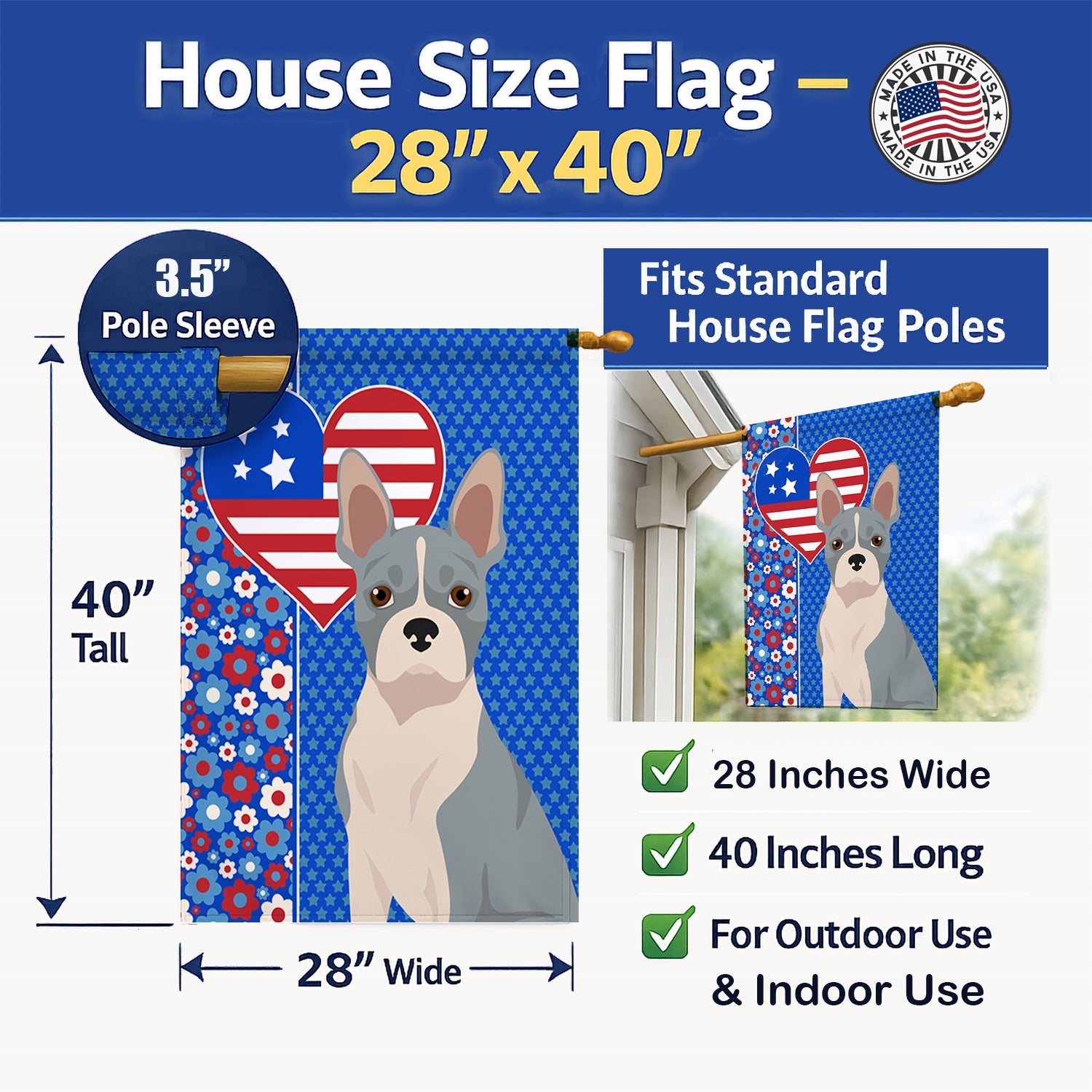 Blue Boston Terrier USA American House Flag 28x40 Porch Sleeve Pole Decorative Outside Yard Banner Artwork Wall Hanging, Polyester