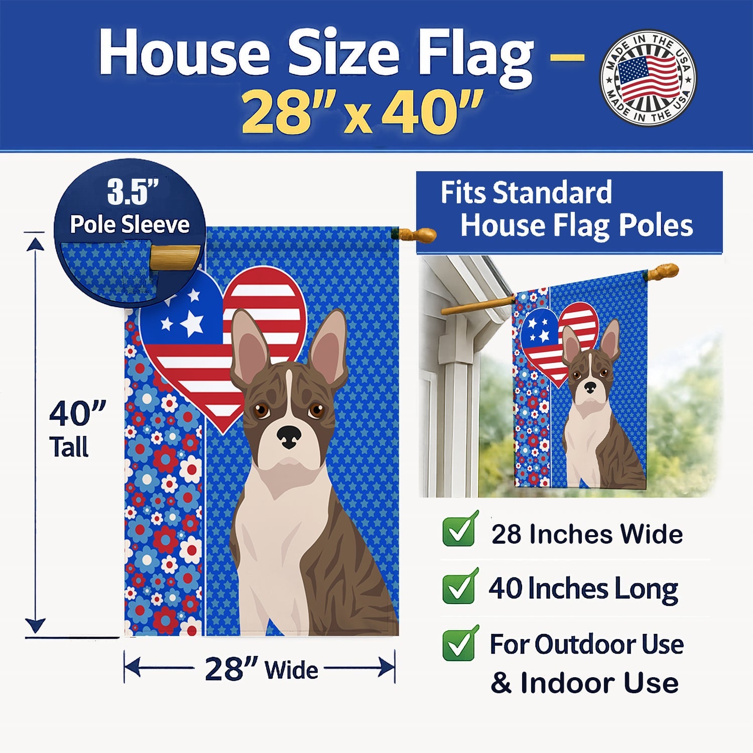 Brindle Boston Terrier USA American House Flag 28x40 Porch Sleeve Pole Decorative Outside Yard Banner Artwork Wall Hanging, Polyester