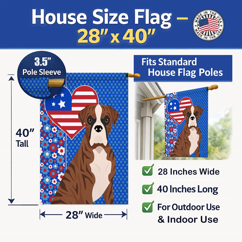 Natural Eared Red Brindle Boxer USA American House Flag 28x40 Porch Sleeve Pole Decorative Outside Yard Banner Artwork Wall Hanging, Polyester