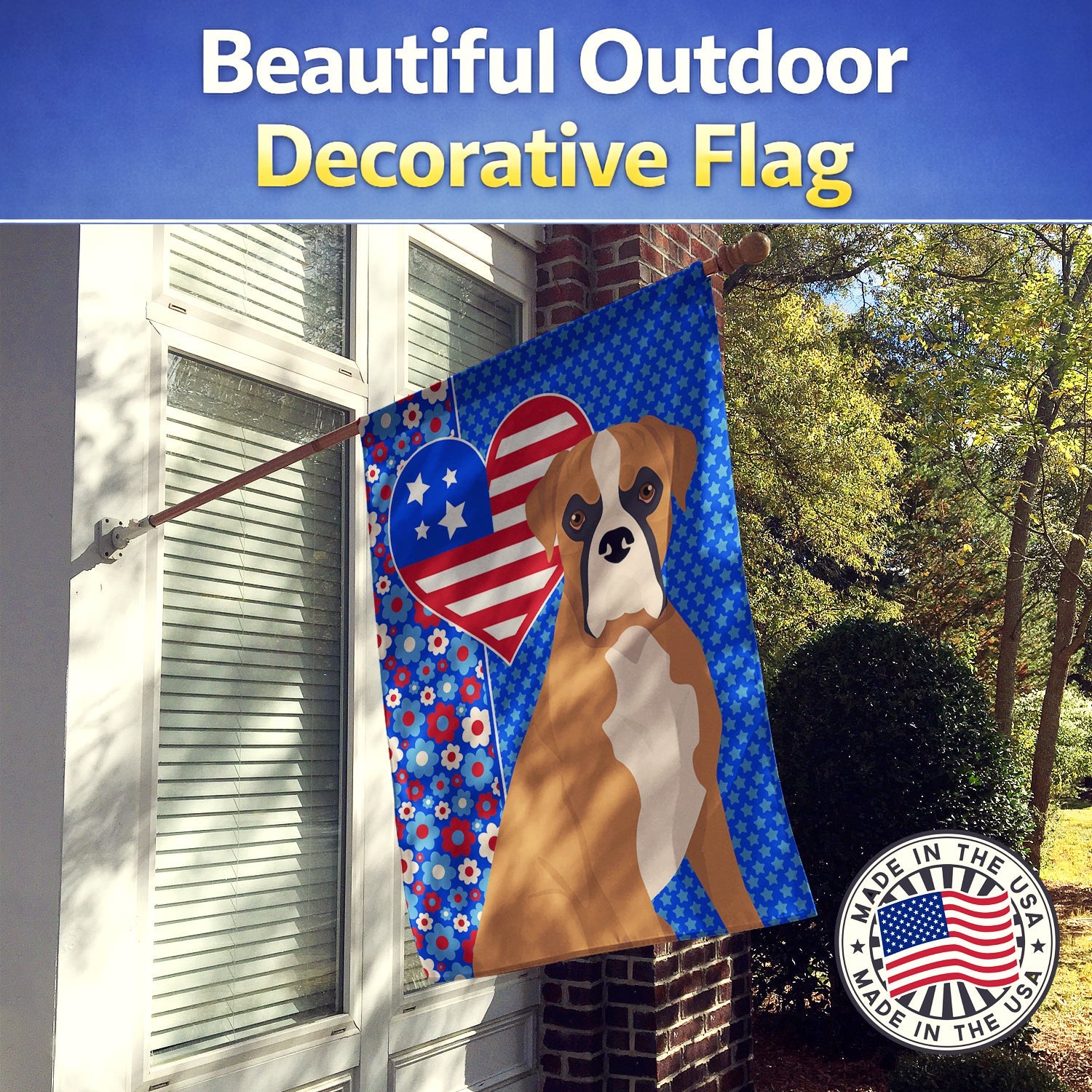 Natural Eared Fawn Boxer USA American House Flag 28x40 Porch Sleeve Pole Decorative Outside Yard Banner Artwork Wall Hanging, Polyester