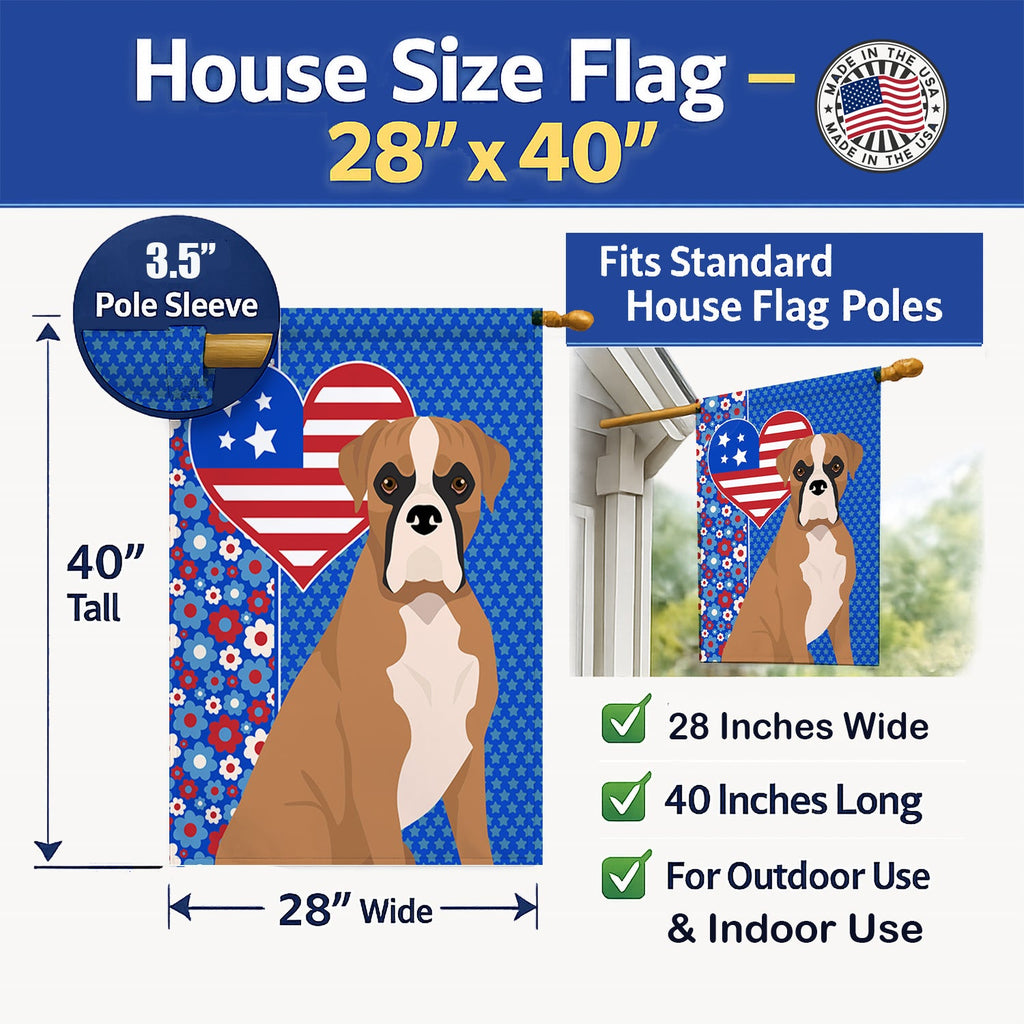 Natural Eared Fawn Boxer USA American House Flag 28x40 Porch Sleeve Pole Decorative Outside Yard Banner Artwork Wall Hanging, Polyester