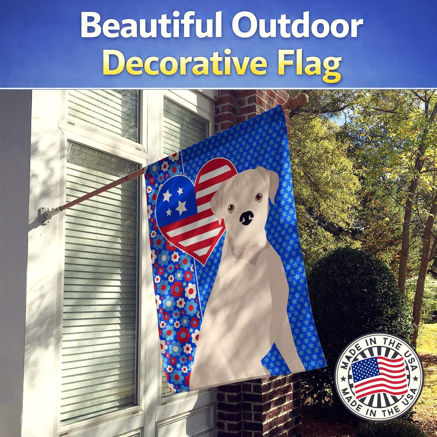 Natural Eared White Boxer USA American House Flag 28x40 Porch Sleeve Pole Decorative Outside Yard Banner Artwork Wall Hanging, Polyester