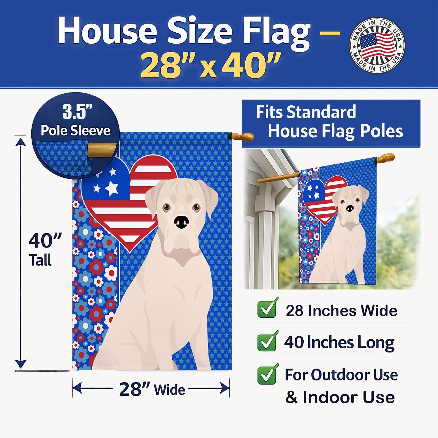 Natural Eared White Boxer USA American House Flag 28x40 Porch Sleeve Pole Decorative Outside Yard Banner Artwork Wall Hanging, Polyester