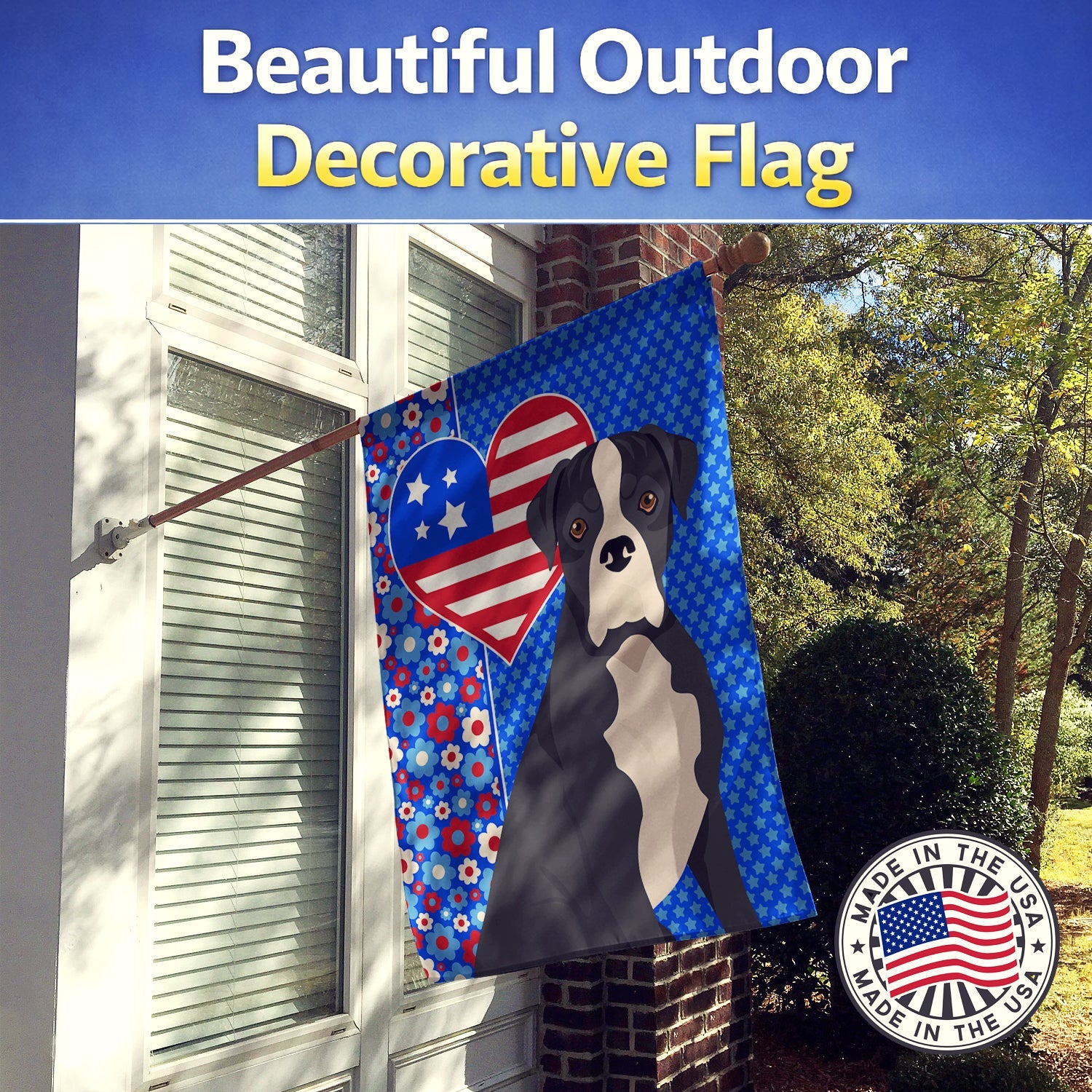 Natural Eared Black Boxer USA American House Flag 28x40 Porch Sleeve Pole Decorative Outside Yard Banner Artwork Wall Hanging, Polyester