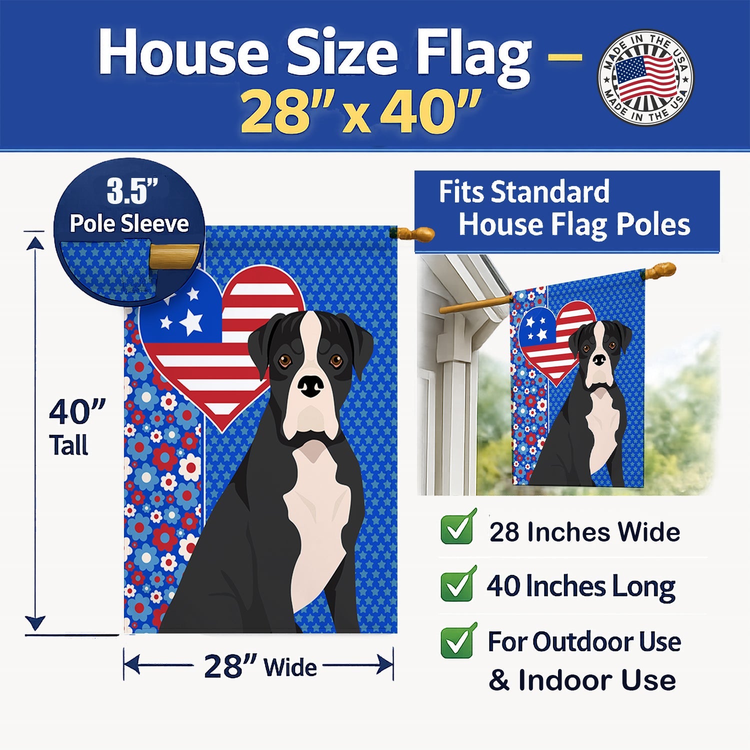 Natural Eared Black Boxer USA American House Flag 28x40 Porch Sleeve Pole Decorative Outside Yard Banner Artwork Wall Hanging, Polyester