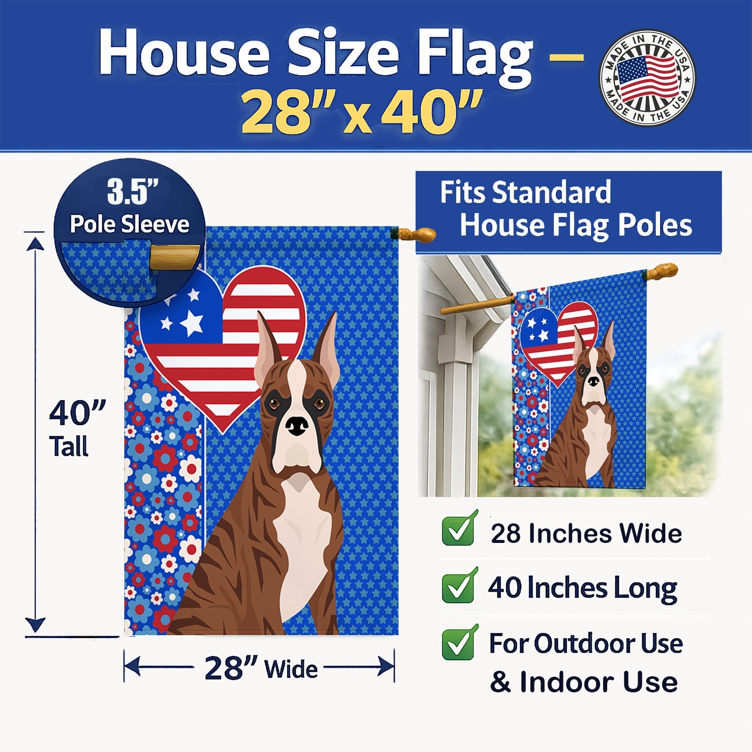 Red Brindle Boxer USA American House Flag 28x40 Porch Sleeve Pole Decorative Outside Yard Banner Artwork Wall Hanging, Polyester