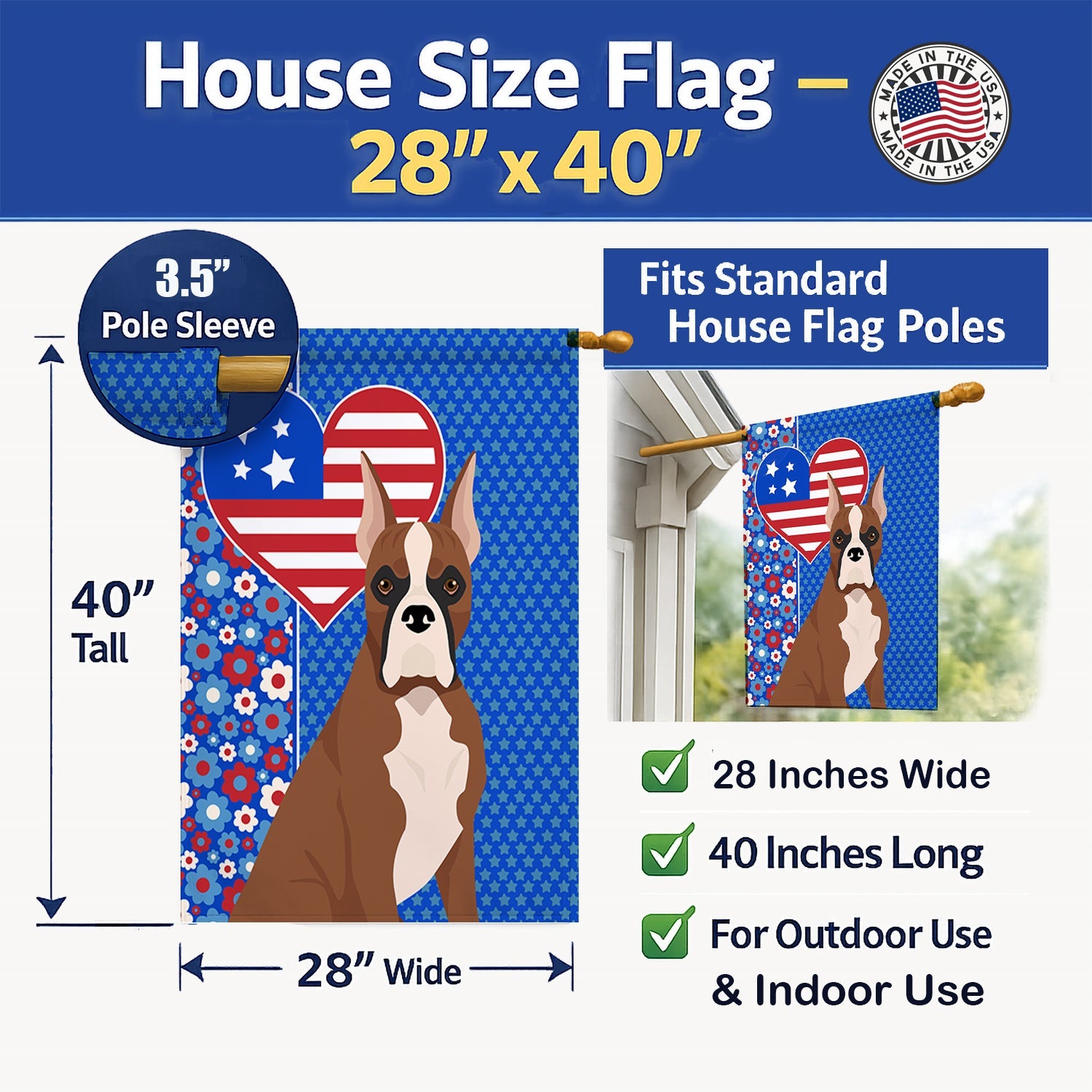 Red Fawn Boxer USA American House Flag 28x40 Porch Sleeve Pole Decorative Outside Yard Banner Artwork Wall Hanging, Polyester