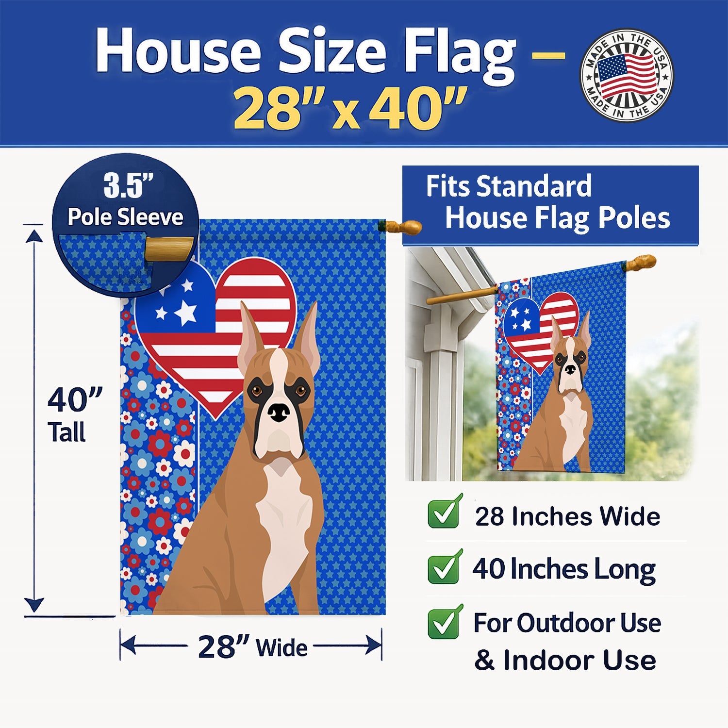 Fawn Boxer USA American House Flag 28x40 Porch Sleeve Pole Decorative Outside Yard Banner Artwork Wall Hanging, Polyester