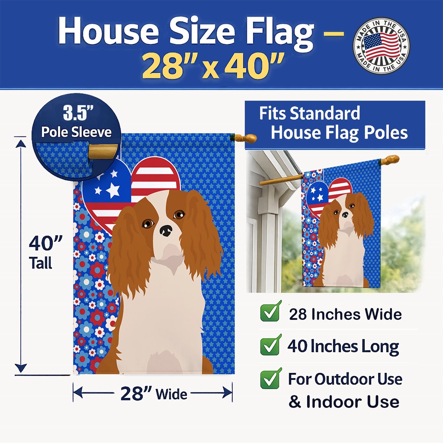 Blenheim Cavalier Spaniel USA American House Flag 28x40 Porch Sleeve Pole Decorative Outside Yard Banner Artwork Wall Hanging, Polyester