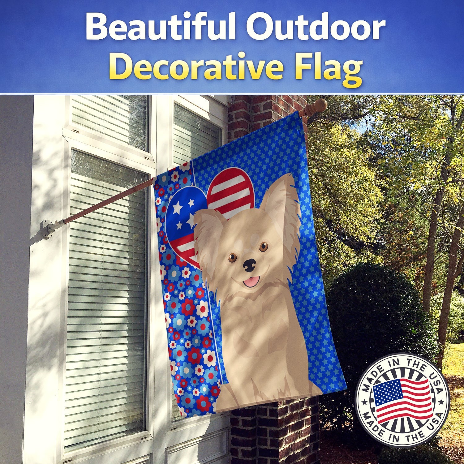 Longhaired Cream Chihuahua USA American House Flag 28x40 Porch Sleeve Pole Decorative Outside Yard Banner Artwork Wall Hanging, Polyester
