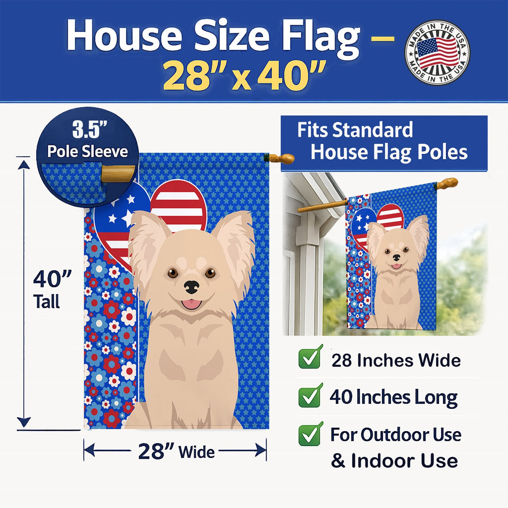 Longhaired Cream Chihuahua USA American House Flag 28x40 Porch Sleeve Pole Decorative Outside Yard Banner Artwork Wall Hanging, Polyester