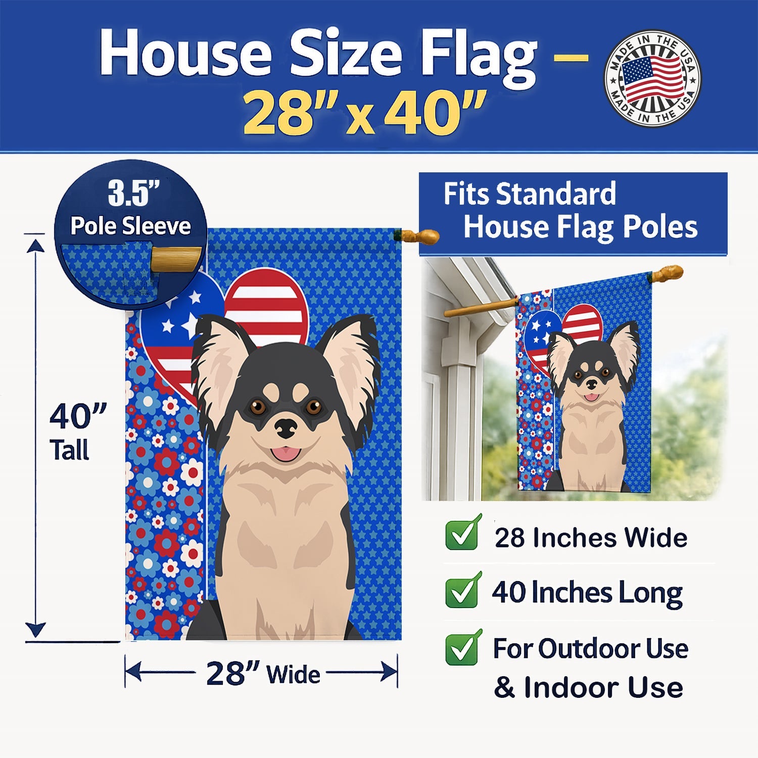 Longhaired Black and White Chihuahua USA American House Flag 28x40 Porch Sleeve Pole Decorative Outside Yard Banner Artwork Wall Hanging, Polyester