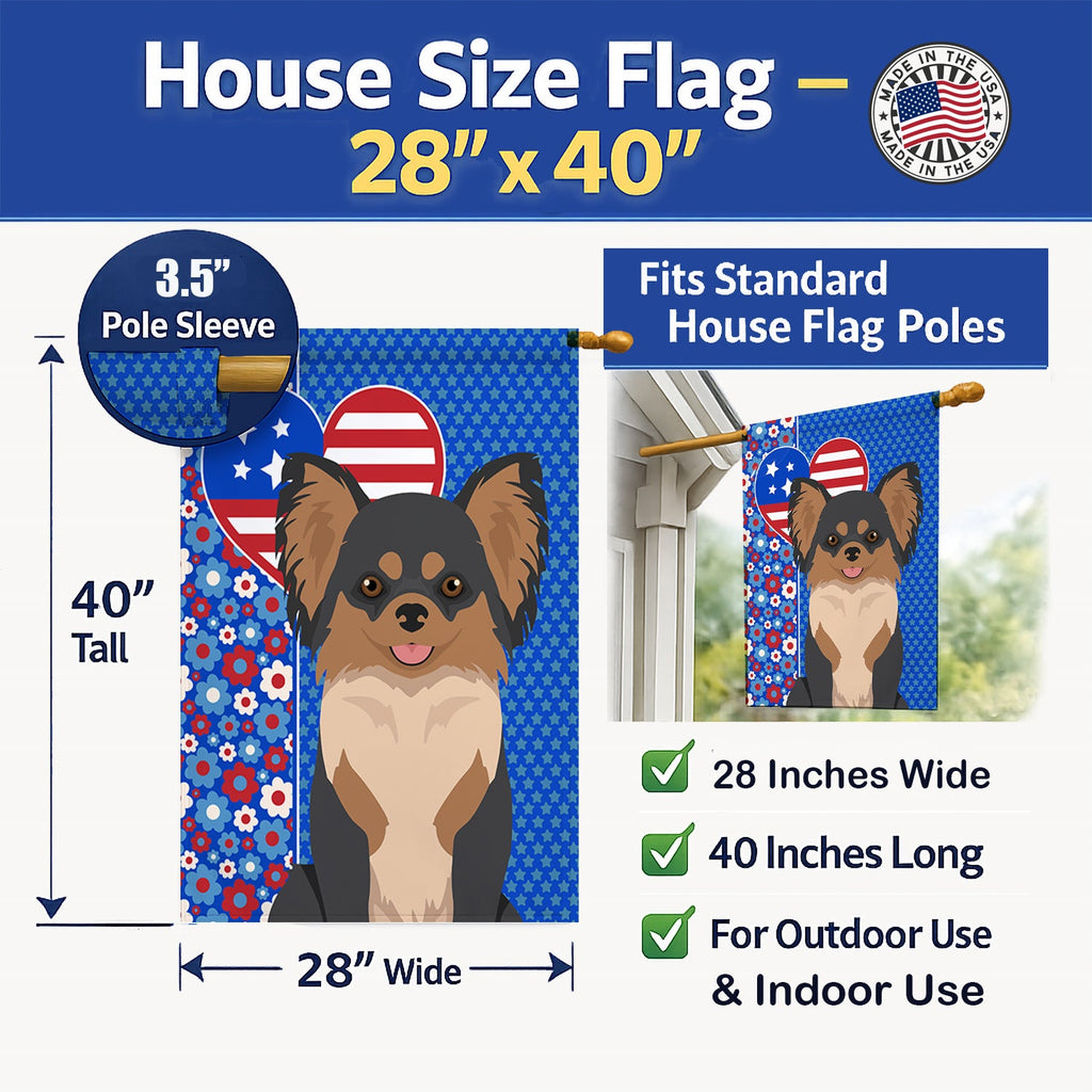 Longhaired Black and Tan Chihuahua USA American House Flag 28x40 Porch Sleeve Pole Decorative Outside Yard Banner Artwork Wall Hanging, Polyester