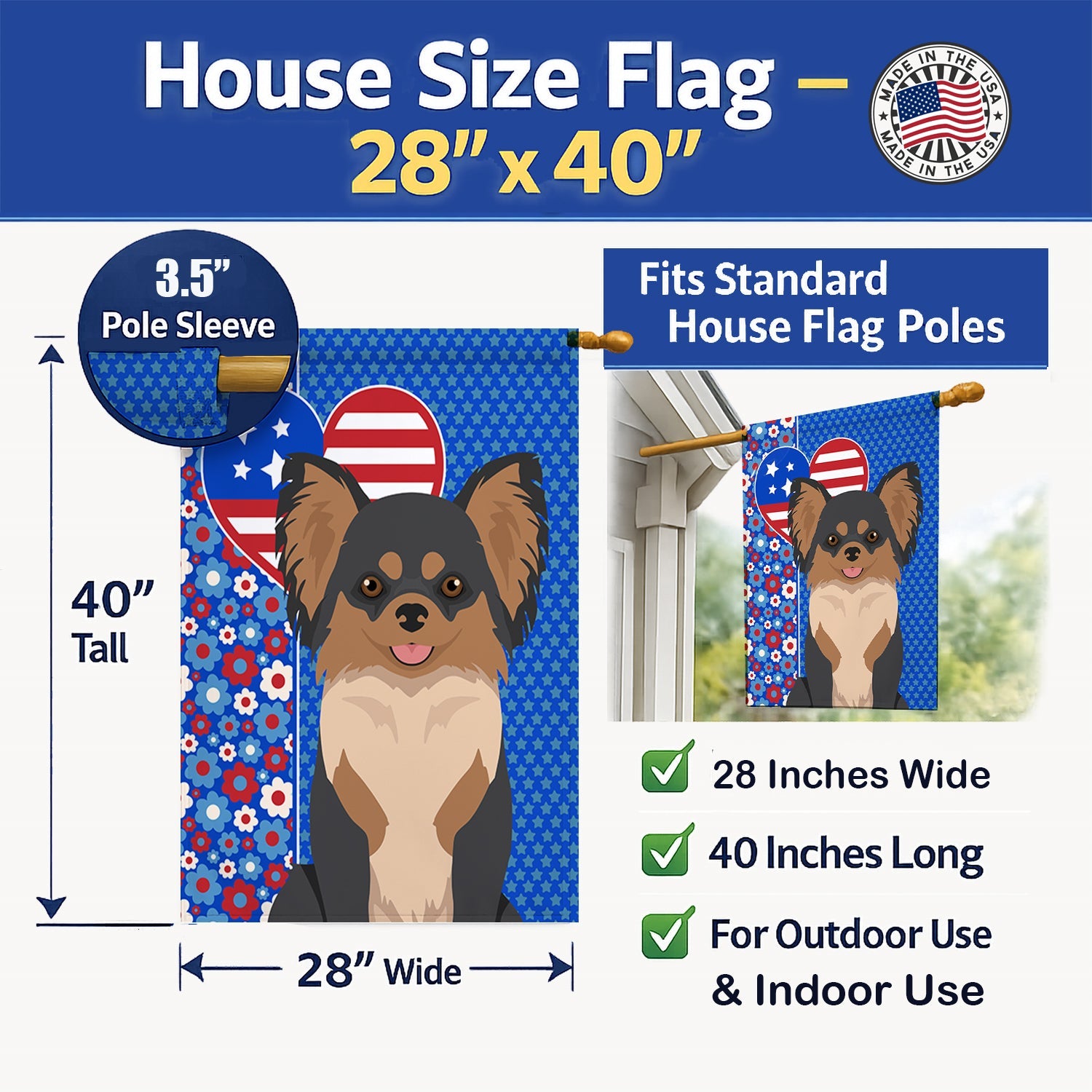 Longhaired Black and Tan Chihuahua USA American House Flag 28x40 Porch Sleeve Pole Decorative Outside Yard Banner Artwork Wall Hanging, Polyester