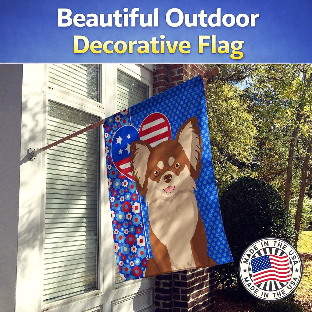 Longhaired Chocolate and White Chihuahua USA American House Flag 28x40 Porch Sleeve Pole Decorative Outside Yard Banner Artwork Wall Hanging, Polyester