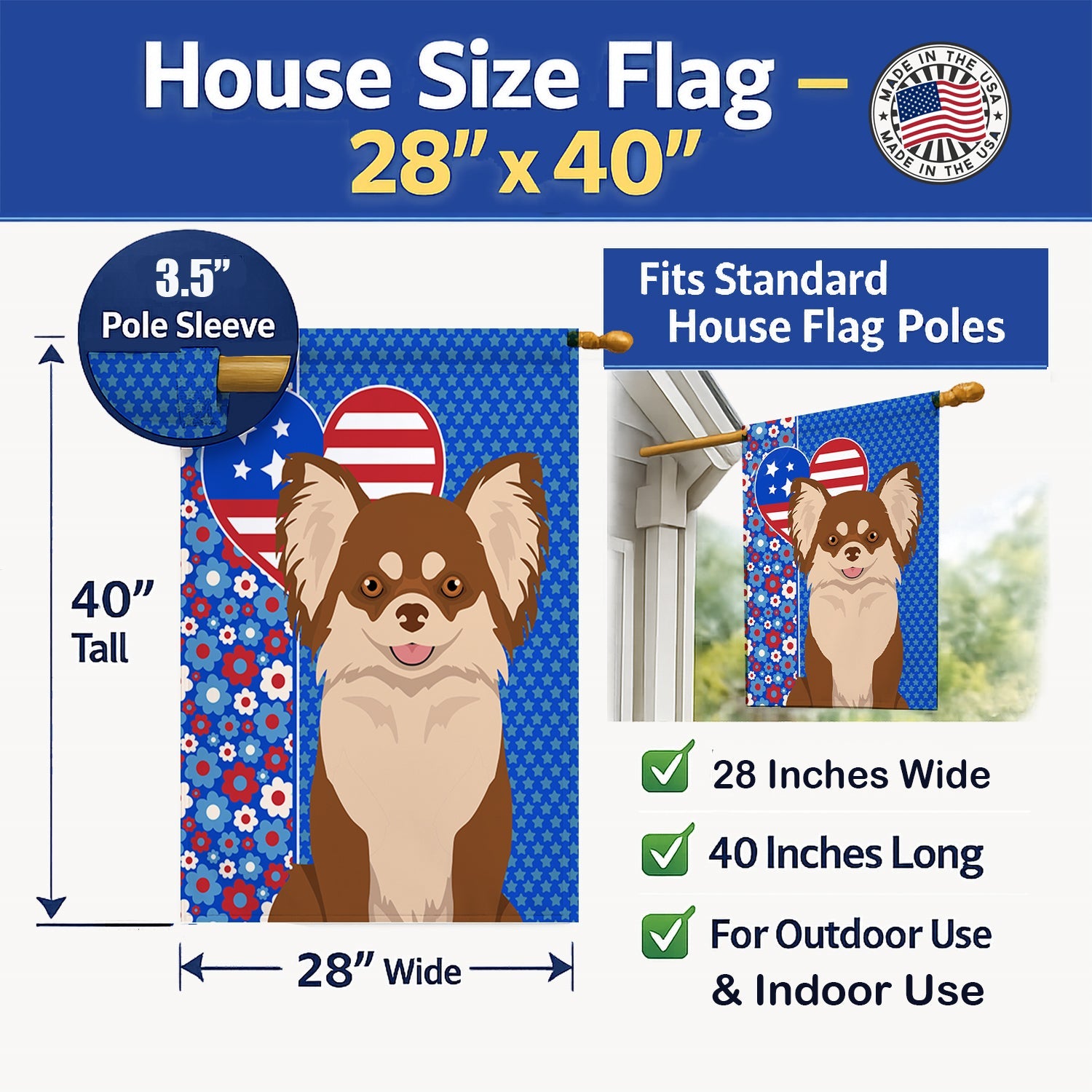 Longhaired Chocolate and White Chihuahua USA American House Flag 28x40 Porch Sleeve Pole Decorative Outside Yard Banner Artwork Wall Hanging, Polyester