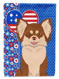 Longhaired Chocolate and White Chihuahua USA American House Flag 28x40 Porch Sleeve Pole Decorative Outside Yard Banner Artwork Wall Hanging, Polyester