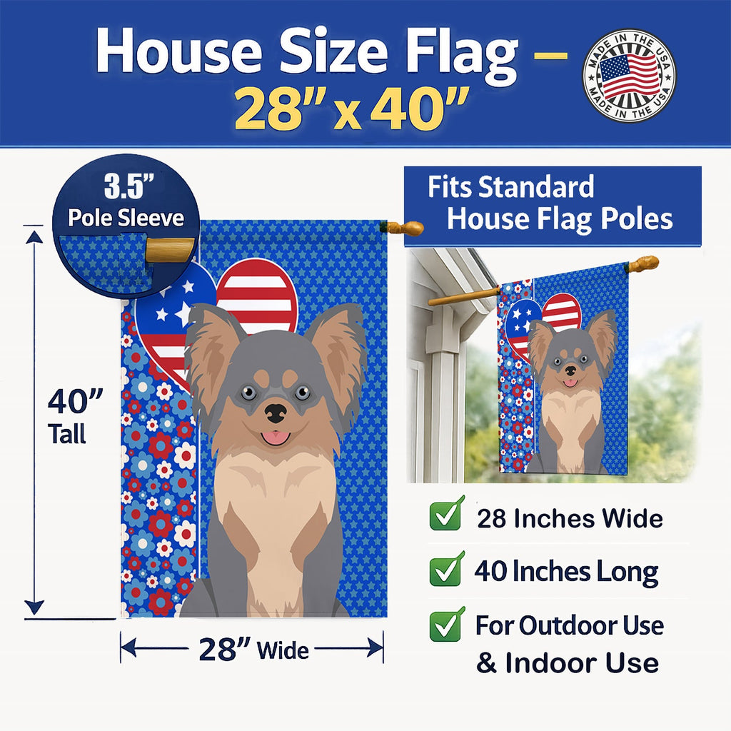 Longhaired Blue and Tan Chihuahua USA American House Flag 28x40 Porch Sleeve Pole Decorative Outside Yard Banner Artwork Wall Hanging, Polyester