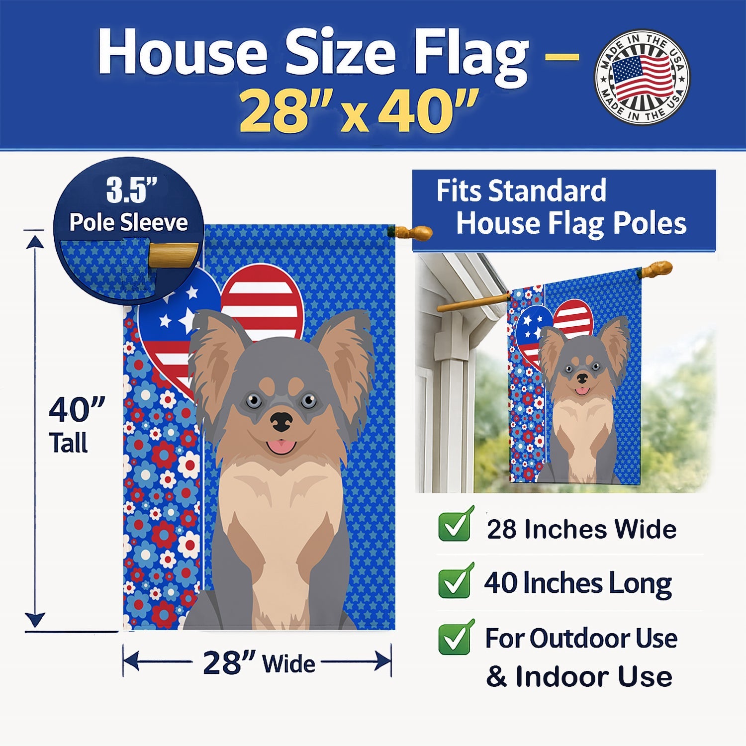Longhaired Blue and Tan Chihuahua USA American House Flag 28x40 Porch Sleeve Pole Decorative Outside Yard Banner Artwork Wall Hanging, Polyester