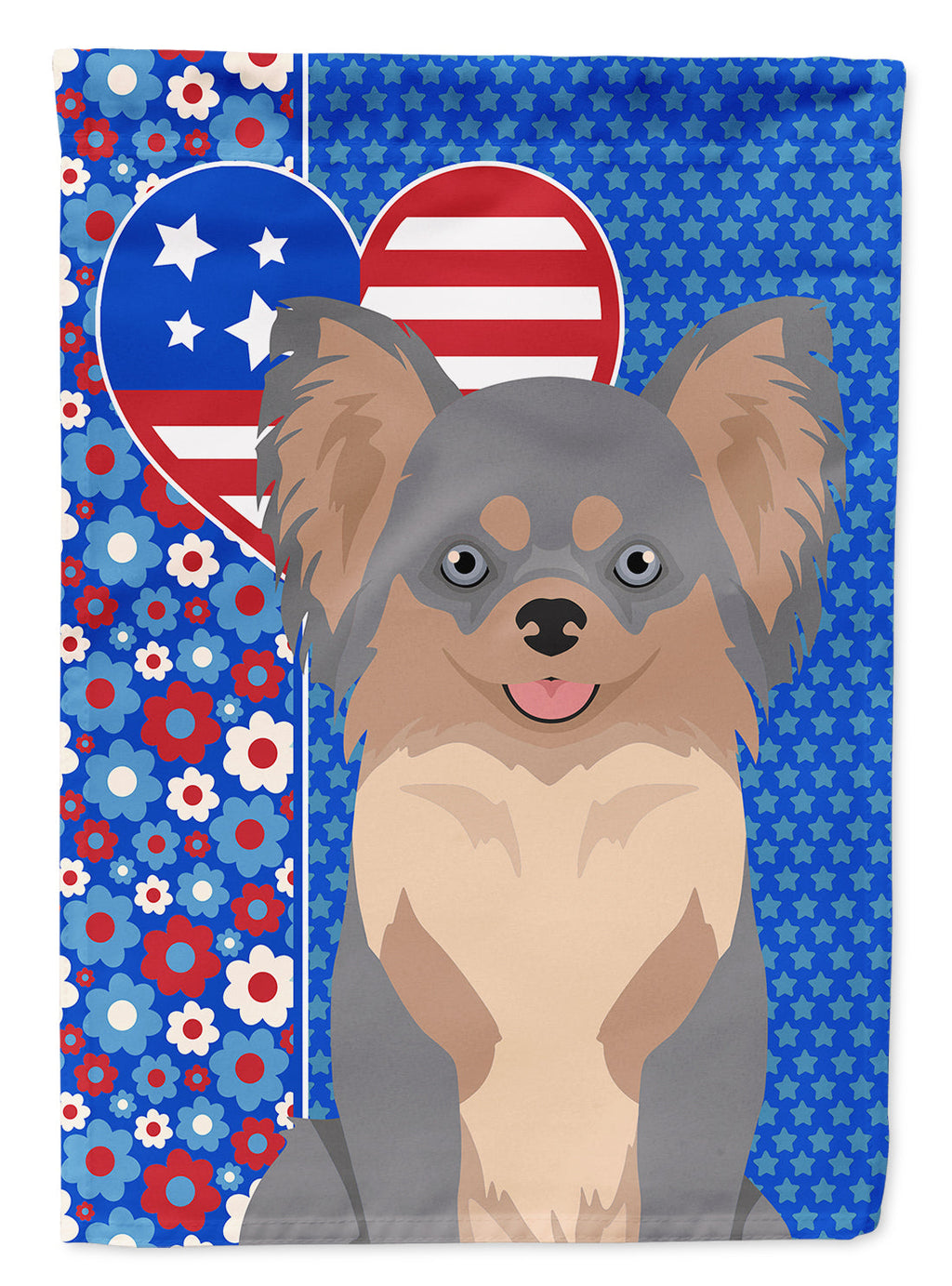 Longhaired Blue and Tan Chihuahua USA American House Flag 28x40 Porch Sleeve Pole Decorative Outside Yard Banner Artwork Wall Hanging, Polyester