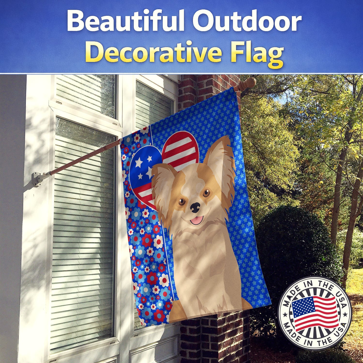 Longhaired Gold and White Chihuahua USA American House Flag 28x40 Porch Sleeve Pole Decorative Outside Yard Banner Artwork Wall Hanging, Polyester