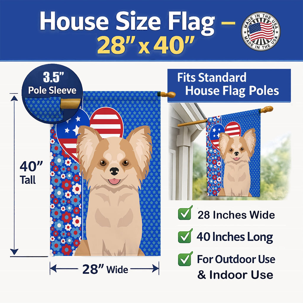 Longhaired Gold and White Chihuahua USA American House Flag 28x40 Porch Sleeve Pole Decorative Outside Yard Banner Artwork Wall Hanging, Polyester