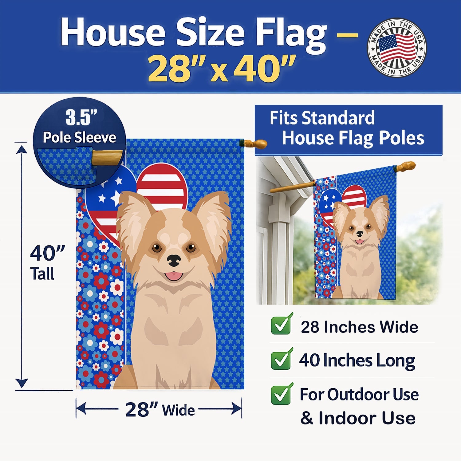 Longhaired Gold and White Chihuahua USA American House Flag 28x40 Porch Sleeve Pole Decorative Outside Yard Banner Artwork Wall Hanging, Polyester