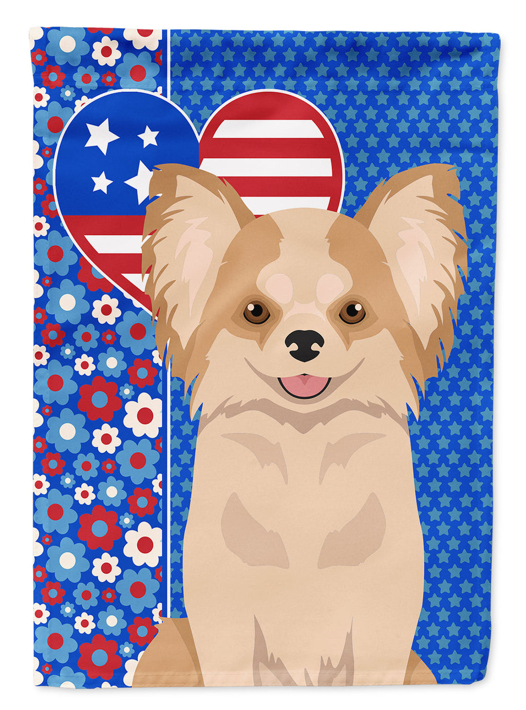 Longhaired Gold and White Chihuahua USA American House Flag 28x40 Porch Sleeve Pole Decorative Outside Yard Banner Artwork Wall Hanging, Polyester