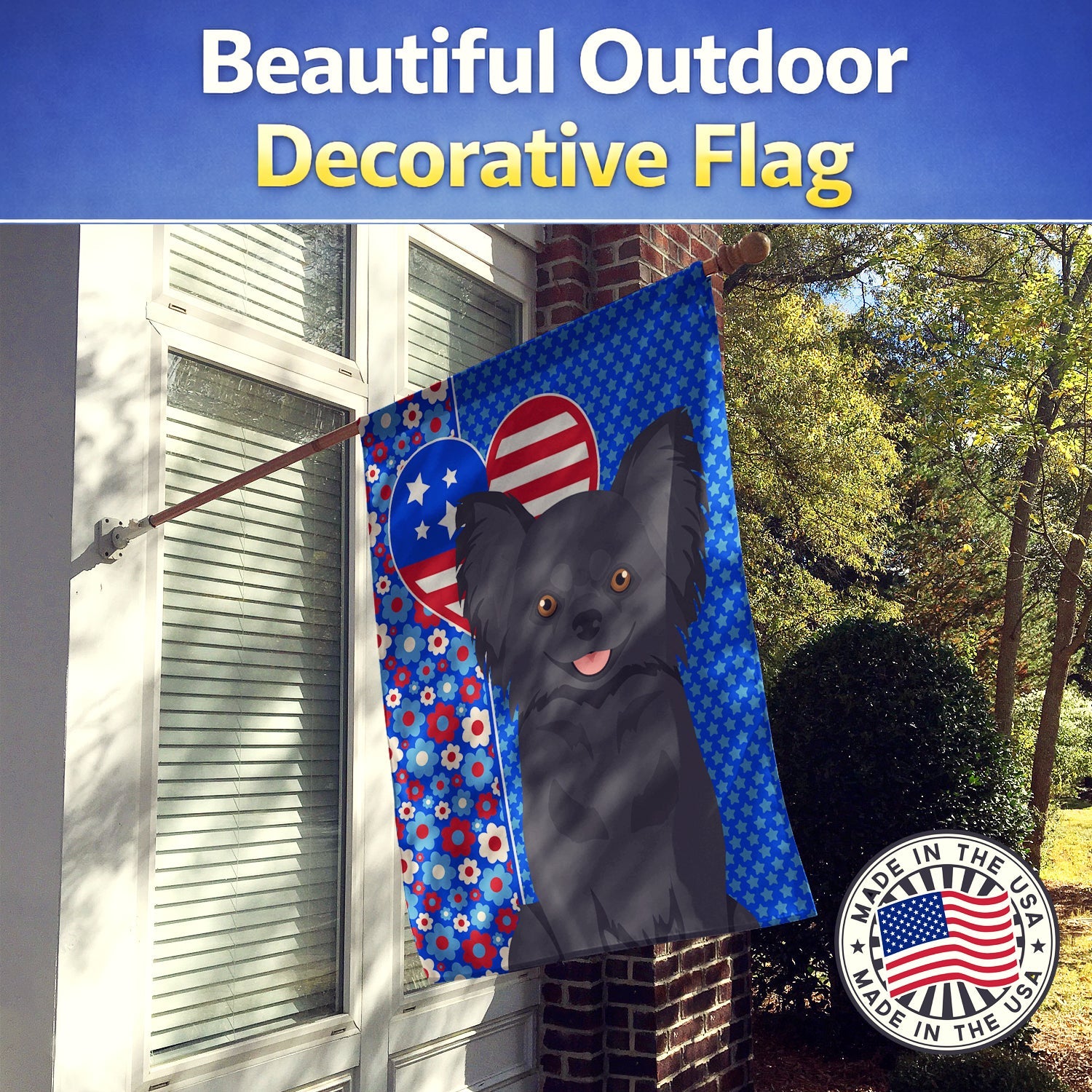 Longhaired Black Chihuahua USA American House Flag 28x40 Porch Sleeve Pole Decorative Outside Yard Banner Artwork Wall Hanging, Polyester