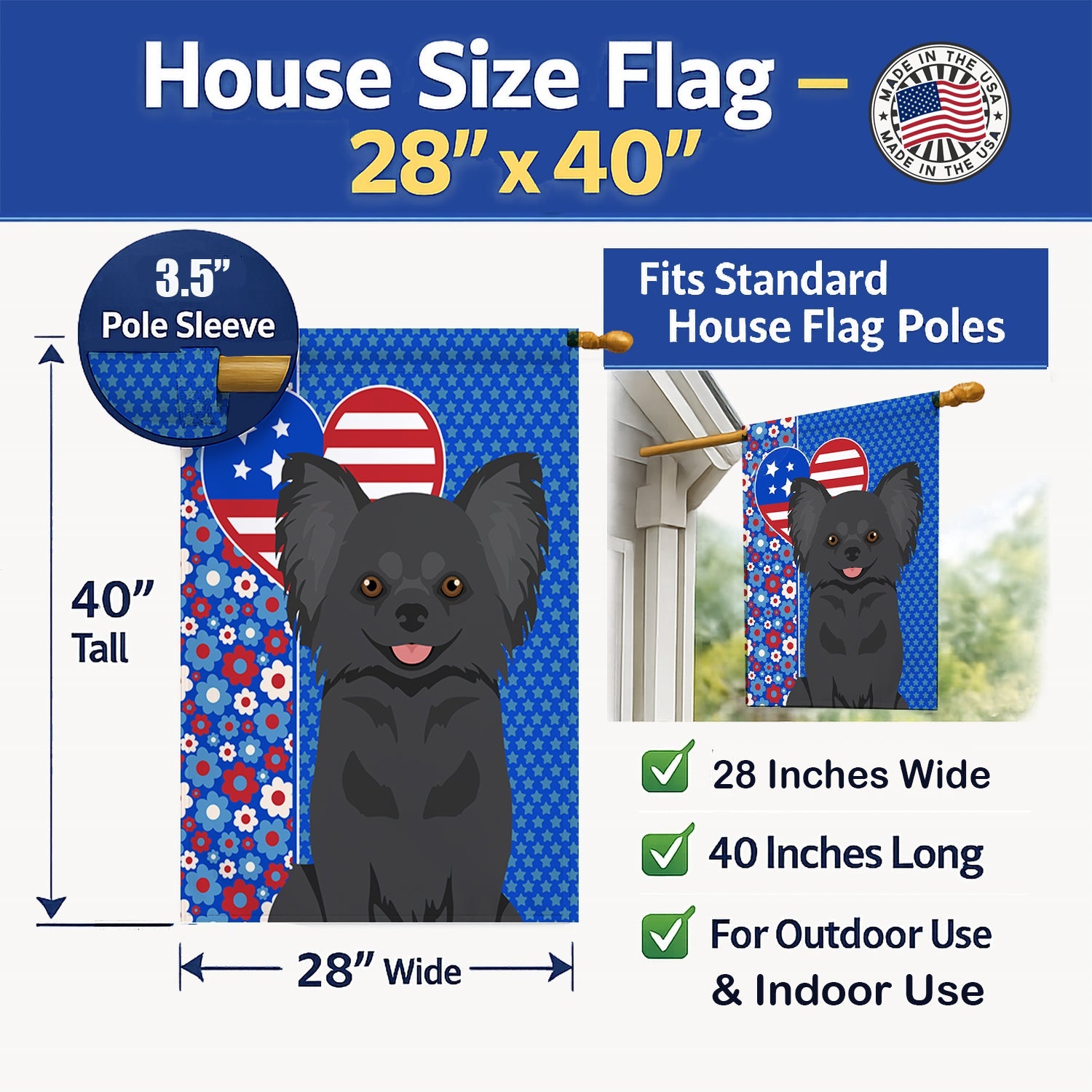 Longhaired Black Chihuahua USA American House Flag 28x40 Porch Sleeve Pole Decorative Outside Yard Banner Artwork Wall Hanging, Polyester