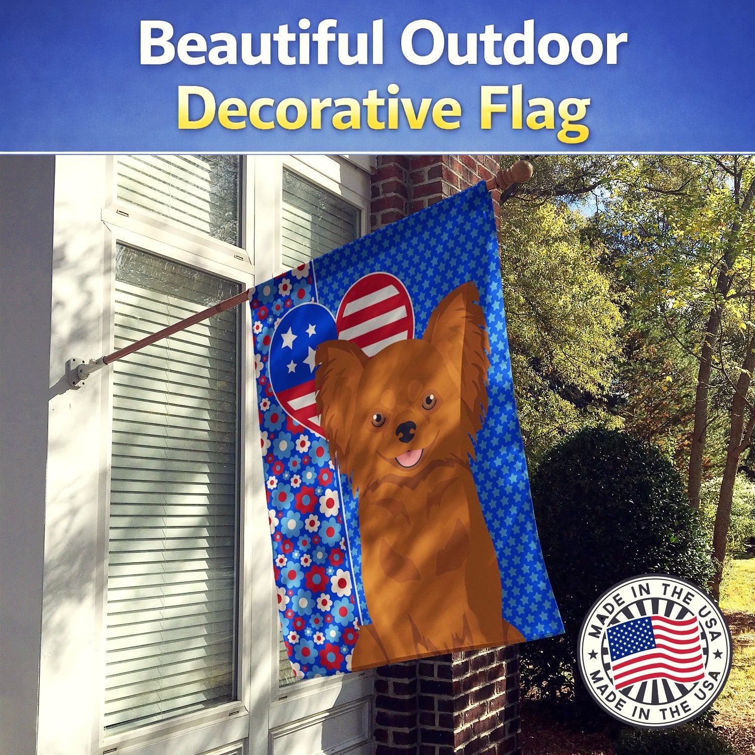 Longhaired Red Chihuahua USA American House Flag 28x40 Porch Sleeve Pole Decorative Outside Yard Banner Artwork Wall Hanging, Polyester