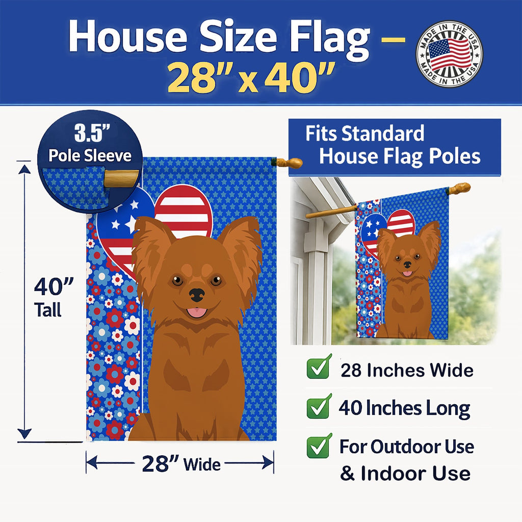 Longhaired Red Chihuahua USA American House Flag 28x40 Porch Sleeve Pole Decorative Outside Yard Banner Artwork Wall Hanging, Polyester
