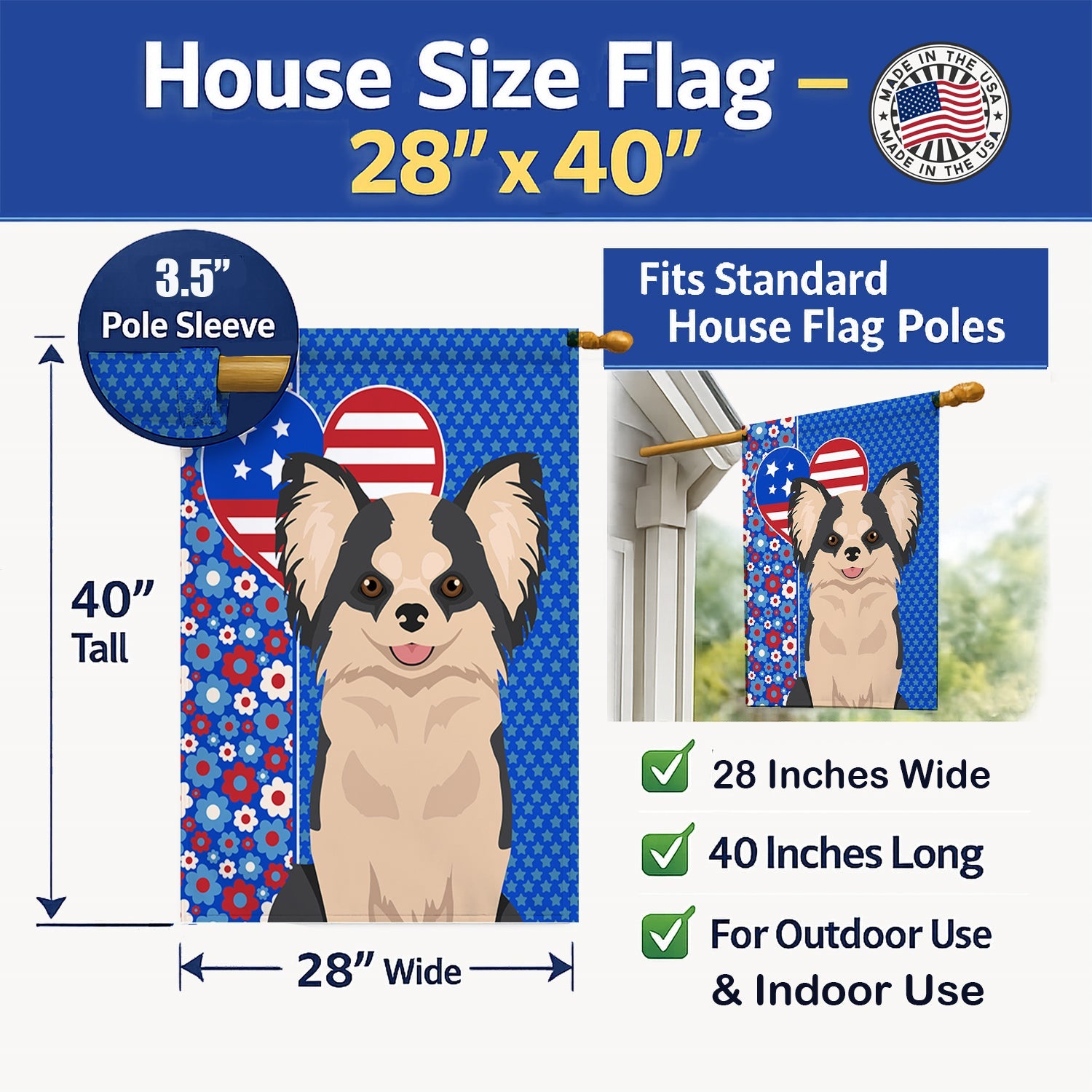 Longhaired Black and White #2 Chihuahua USA American House Flag 28x40 Porch Sleeve Pole Decorative Outside Yard Banner Artwork Wall Hanging, Polyester