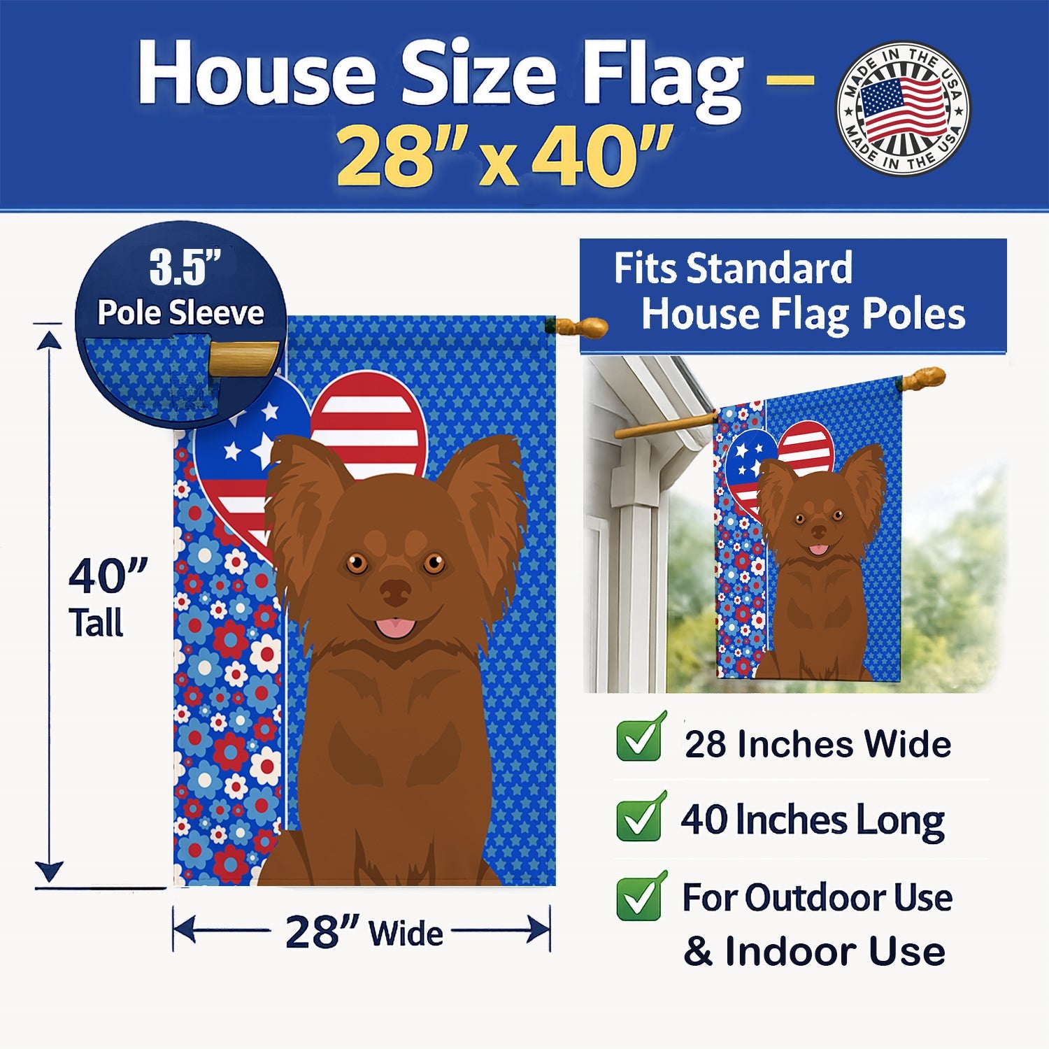Longhaired Chocolate Chihuahua USA American House Flag 28x40 Porch Sleeve Pole Decorative Outside Yard Banner Artwork Wall Hanging, Polyester