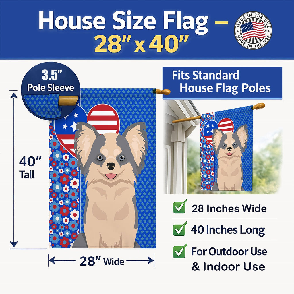 Longhaired Blue and White Chihuahua USA American House Flag 28x40 Porch Sleeve Pole Decorative Outside Yard Banner Artwork Wall Hanging, Polyester