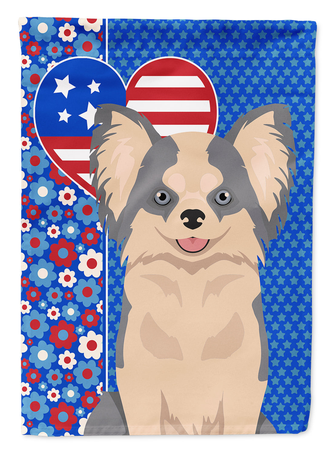 Longhaired Blue and White Chihuahua USA American House Flag 28x40 Porch Sleeve Pole Decorative Outside Yard Banner Artwork Wall Hanging, Polyester