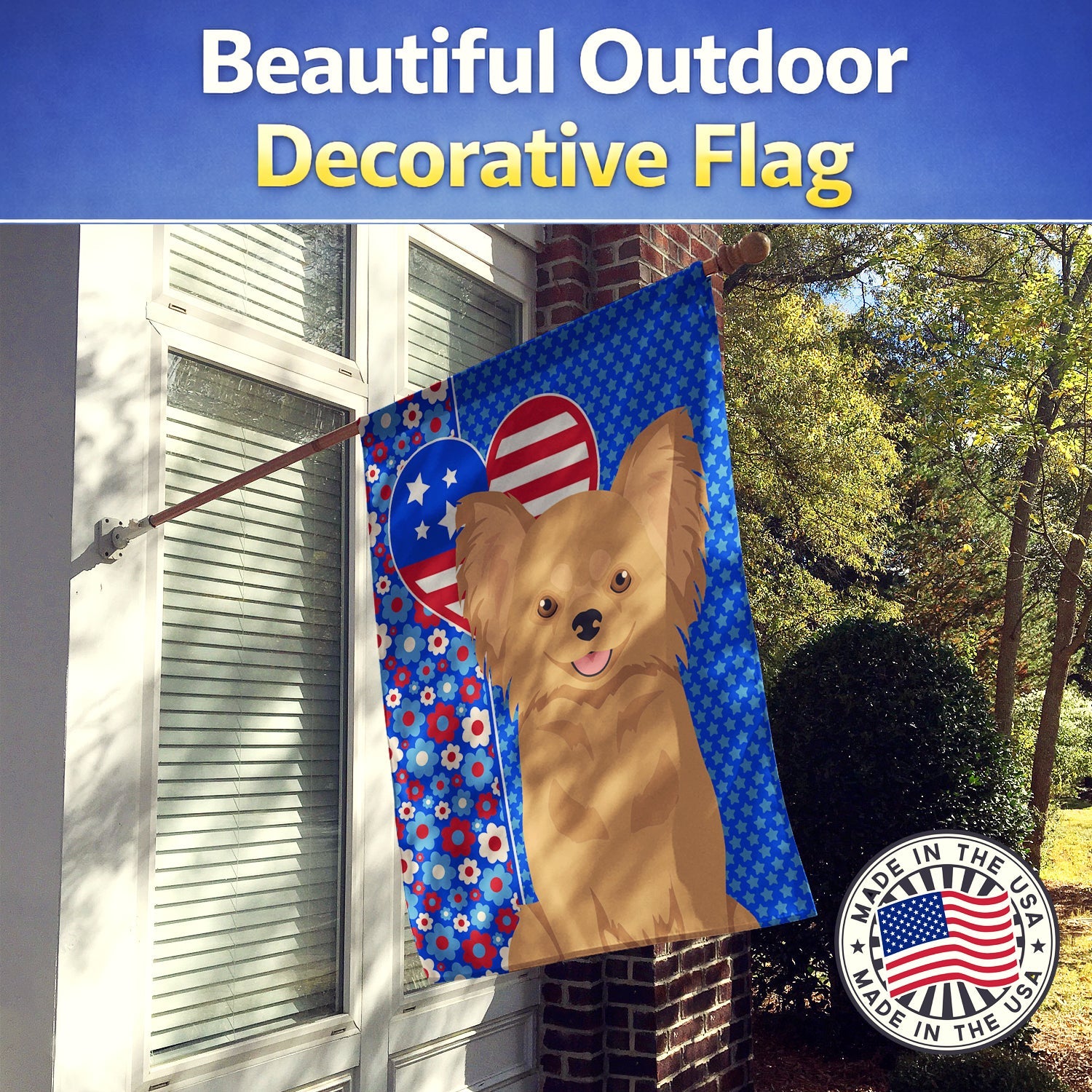 Longhaired Gold Chihuahua USA American House Flag 28x40 Porch Sleeve Pole Decorative Outside Yard Banner Artwork Wall Hanging, Polyester