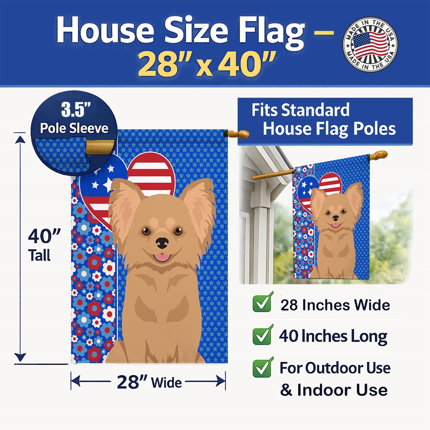 Longhaired Gold Chihuahua USA American House Flag 28x40 Porch Sleeve Pole Decorative Outside Yard Banner Artwork Wall Hanging, Polyester