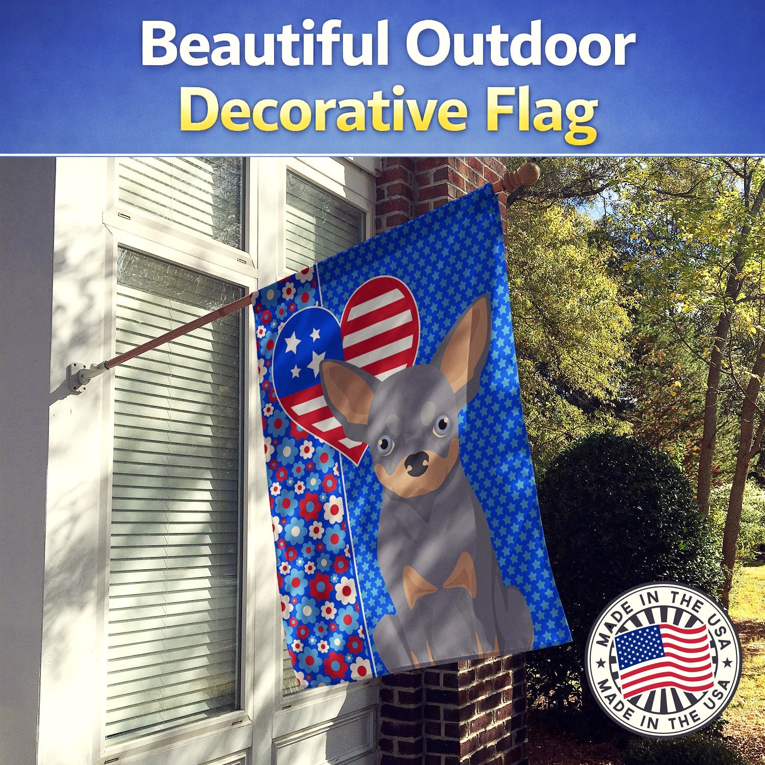 Blue and Tan Chihuahua USA American House Flag 28x40 Porch Sleeve Pole Decorative Outside Yard Banner Artwork Wall Hanging, Polyester