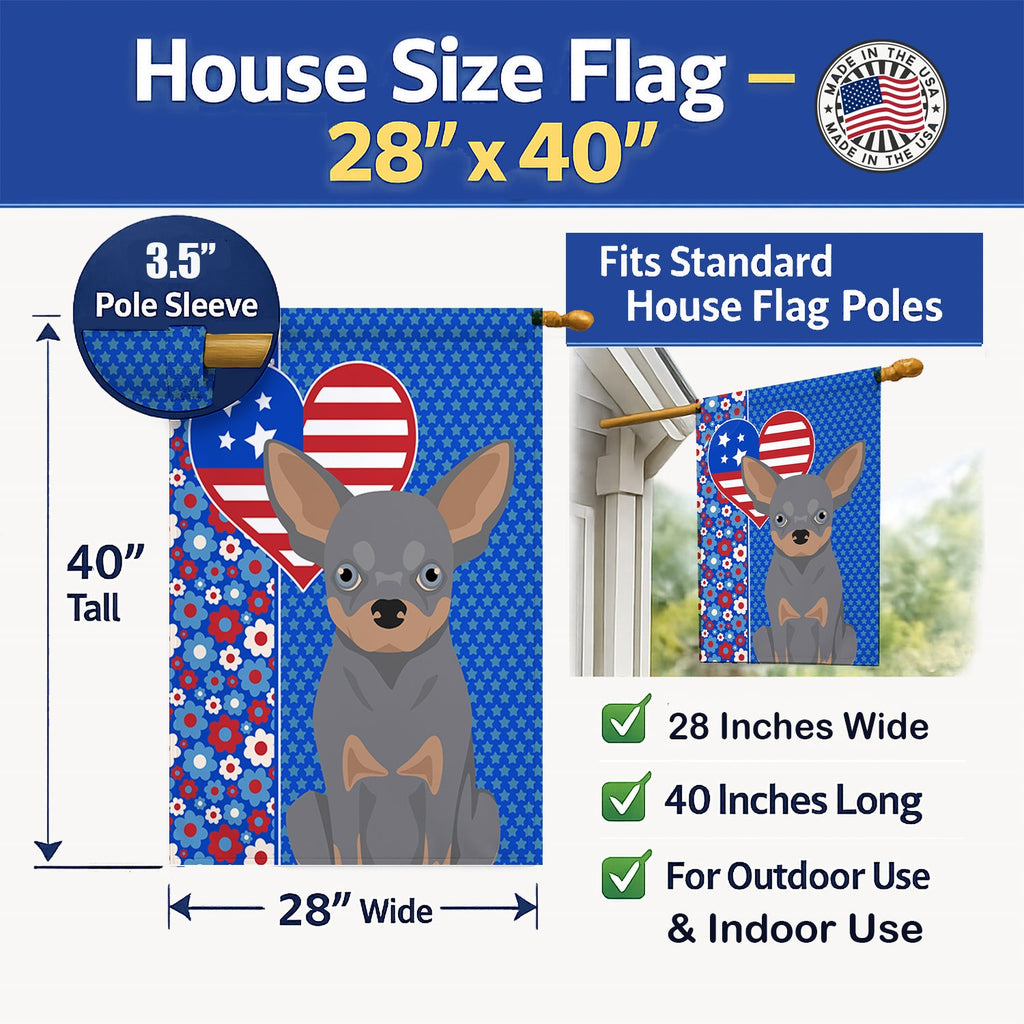 Blue and Tan Chihuahua USA American House Flag 28x40 Porch Sleeve Pole Decorative Outside Yard Banner Artwork Wall Hanging, Polyester