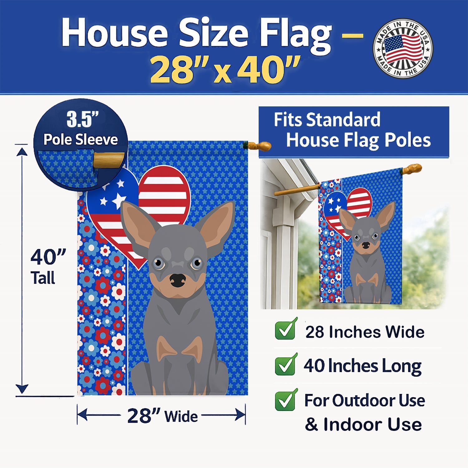 Blue and Tan Chihuahua USA American House Flag 28x40 Porch Sleeve Pole Decorative Outside Yard Banner Artwork Wall Hanging, Polyester